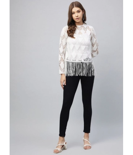 Women's Lace Self Design Short Sleeve Top (White)