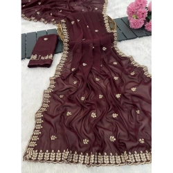 Women's Georgette Embroidered Saree With Unstitched Blouse 5.5Mtr (Maroon)