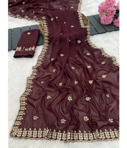 Women's Georgette Embroidered Saree With Unstitched Blouse 5.5Mtr (Maroon)