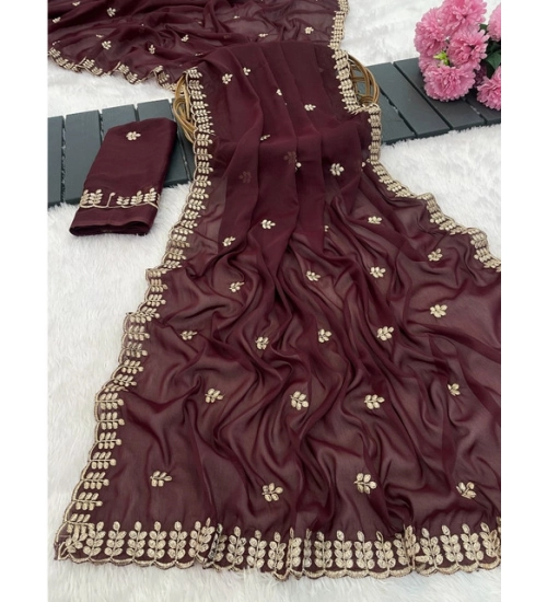 Women's Georgette Embroidered Saree With Unstitched Blouse 5.5Mtr (Maroon)