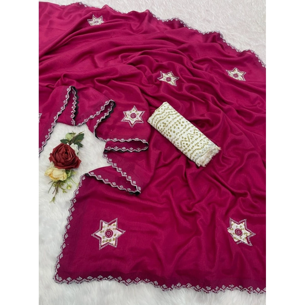 Women's Chiffon Butti Dotted Saree With Unstitched Blouse 5.5Mtr (Pink)