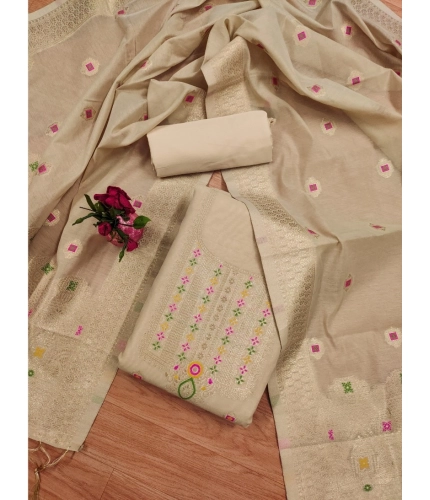 Women's Banarasi Silk Printed Unstitched Salwar Suit Material With Dupatta (Cream, 3Mtrs)