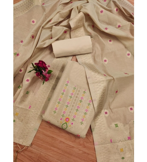 Women's Banarasi Silk Printed Unstitched Salwar Suit Material With Dupatta (Cream, 3Mtrs)