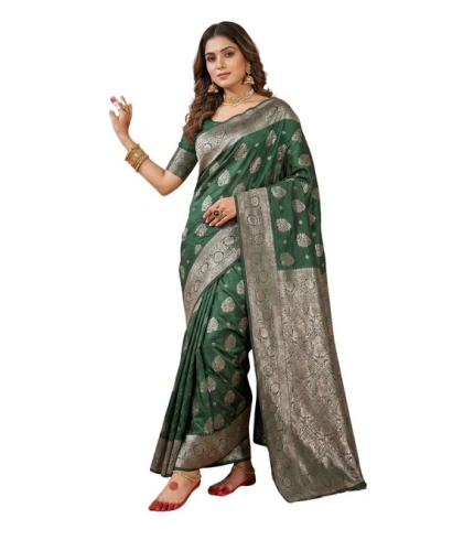 Women's Silk Blend Printed Saree With Unstitched Blouse 5.5Mtr (Dark Green)