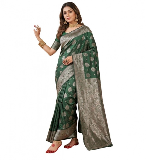 Women's Silk Blend Printed Saree With Unstitched Blouse 5.5Mtr (Dark Green)