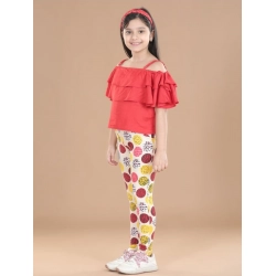 Girl's Cotton Floral Elasticated Jegging and Top Set (Red)