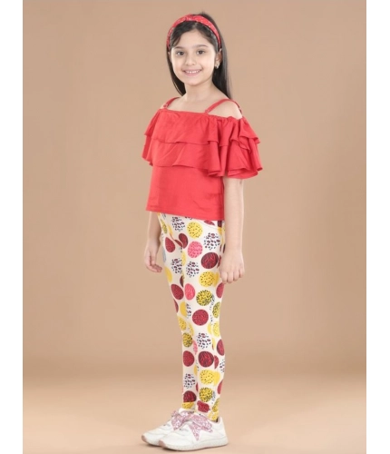 Girl's Cotton Floral Elasticated Jegging and Top Set (Red)