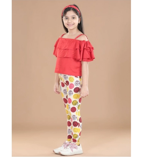 Girl's Cotton Floral Elasticated Jegging and Top Set (Red)