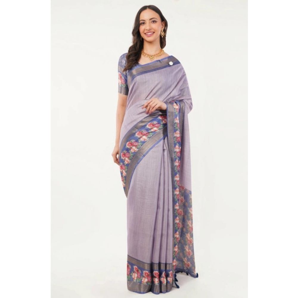 Women's Polyester Printed Saree With Unstitched Blouse 5.5 Mtr (Purple)