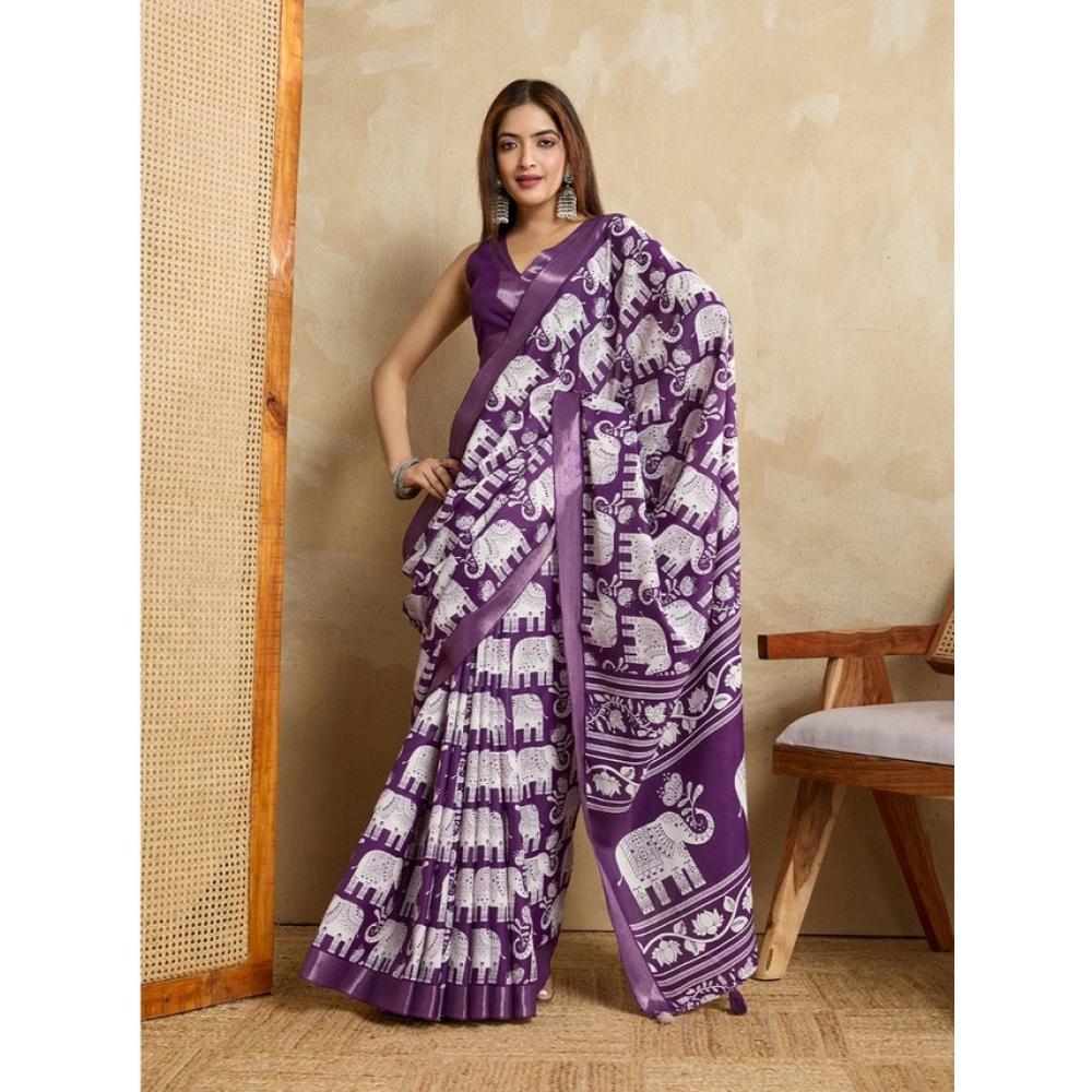 Women's Silk Blend Printed Saree With Unstitched Blouse 5.5Mtr (Purple)
