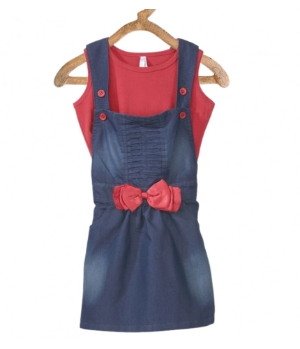 Girl's Denim &amp; Cotton Bow Sleeveless Dungaree (Red)