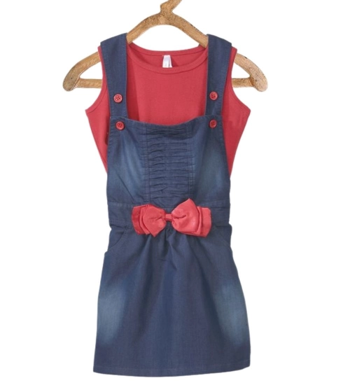 Girl's Denim &amp; Cotton Bow Sleeveless Dungaree (Red)