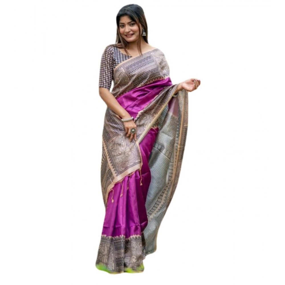 Women's Faux_Tussar Geometric_Print Saree With Unstitched Blouse 5.5Mtr (Purple) Women's Faux_Tussar Geometric_Print Saree With Unstitched Blouse 5.5Mtr (Purple)