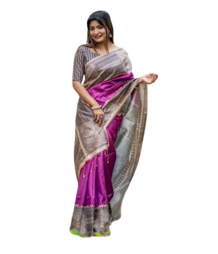 Women's Faux_Tussar Geometric_Print Saree With Unstitched Blouse 5.5Mtr (Purple) Women's Faux_Tussar Geometric_Print Saree With Unstitched Blouse 5.5Mtr (Purple)