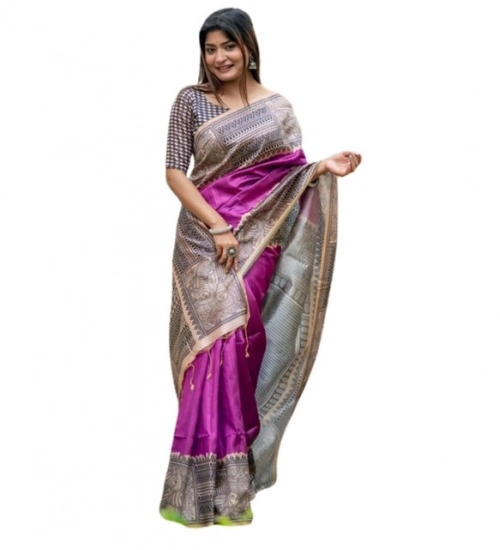 Women's Faux_Tussar Geometric_Print Saree With Unstitched Blouse 5.5Mtr (Purple)