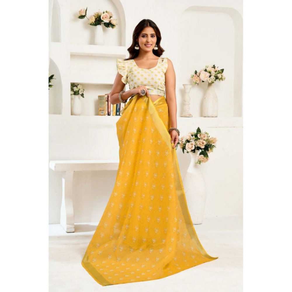 Women's Linen Cotton Printed Ready To Wear Saree With Unstitched Blouse 5.5 Mtr (Yellow) Women's Linen Cotton Printed Ready To Wear Saree With Unstitched Blouse 5.5 Mtr (Yellow)