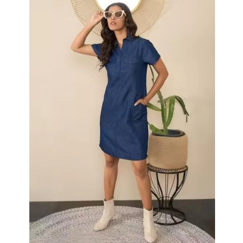 Women's Casual Denim Half Sleeves Dress (Blue)