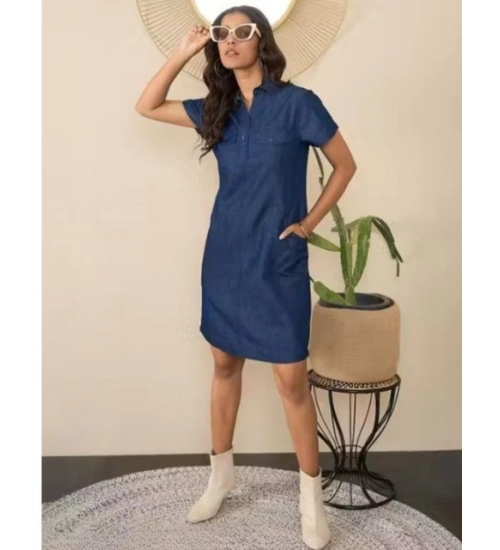 Women's Casual Denim Half Sleeves Dress (Blue)