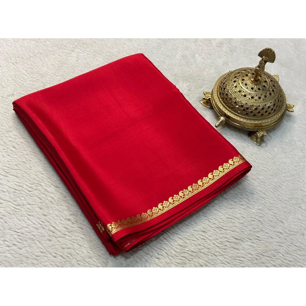 Women's Crepe Chit Pallu Solid Saree With Unstitched Blouse 5.5Mtr (Red) Women's Crepe Chit Pallu Solid Saree With Unstitched Blouse 5.5Mtr (Red)