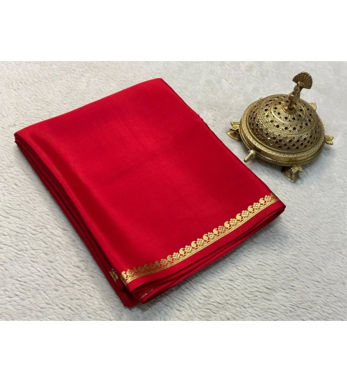 Women's Crepe Chit Pallu Solid Saree With Unstitched Blouse 5.5Mtr (Red)