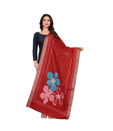 Women's chanderi silk  Printed Dupatta (Red, Length: 2 Mtr)