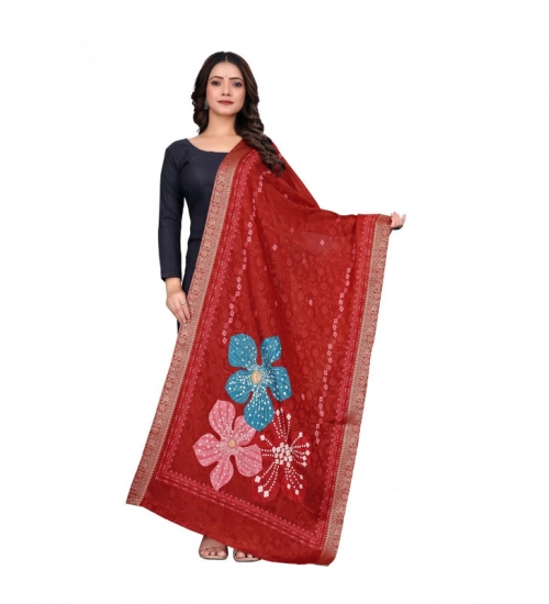 Women's chanderi silk  Printed Dupatta (Red, Length: 2 Mtr)