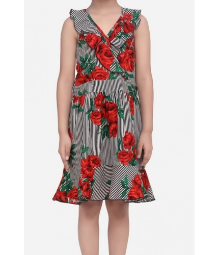 Girl's Polyester Crepe Floral Shoulder Straps Dress (Red)