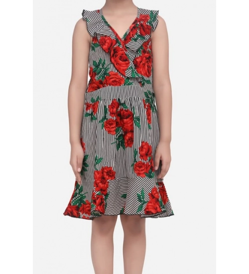 Girl's Polyester Crepe Floral Shoulder Straps Dress (Red)