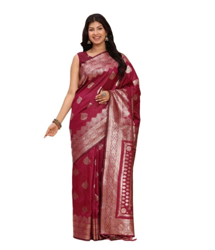 Women's Banarasi Silk Printed Saree With Unstitched Blouse 5.5Mtr (Magenta)