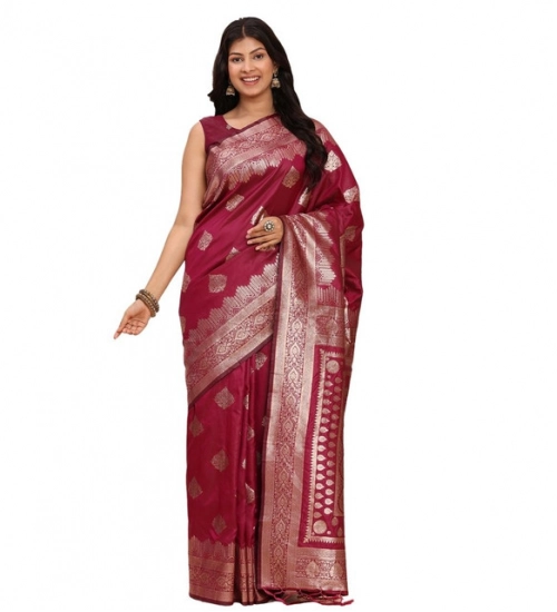 Women's Banarasi Silk Printed Saree With Unstitched Blouse 5.5Mtr (Magenta)