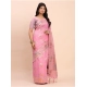 Women's Linen Cotton Printed Saree With Unstitched Blouse 5.5Mtr (Pink)