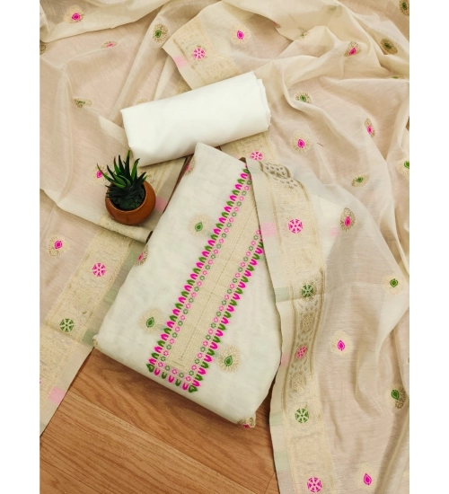 Women's Banarasi Silk Printed Unstitched Salwar Suit Material With Dupatta (White, 3Mtrs)