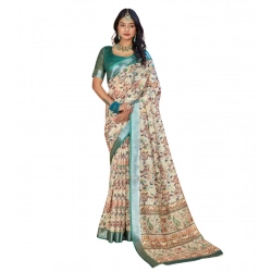 Women's Printed Cotton Linen Saree withPrinted  Saree With Unstitched Blouse (Green, 5-6Mtrs)