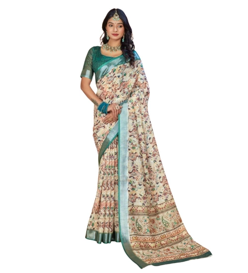Women's Printed Cotton Linen Saree withPrinted  Saree With Unstitched Blouse (Green, 5-6Mtrs)