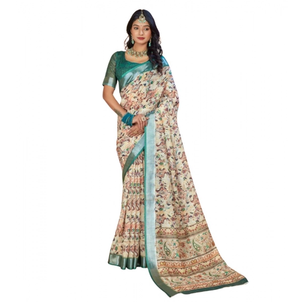 Dropship Women's Printed Cotton Linen Saree withPrinted  Saree With Unstitched Blouse (Green, 5-6Mtrs)