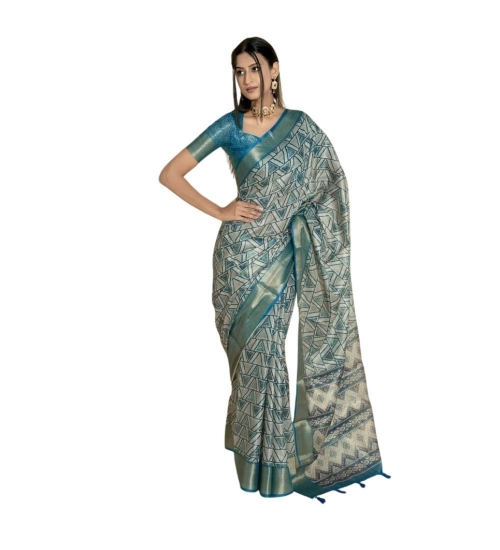 Women's Polyester Printed Saree With Unstitched Blouse 5.5 Mtr (Turquoise)