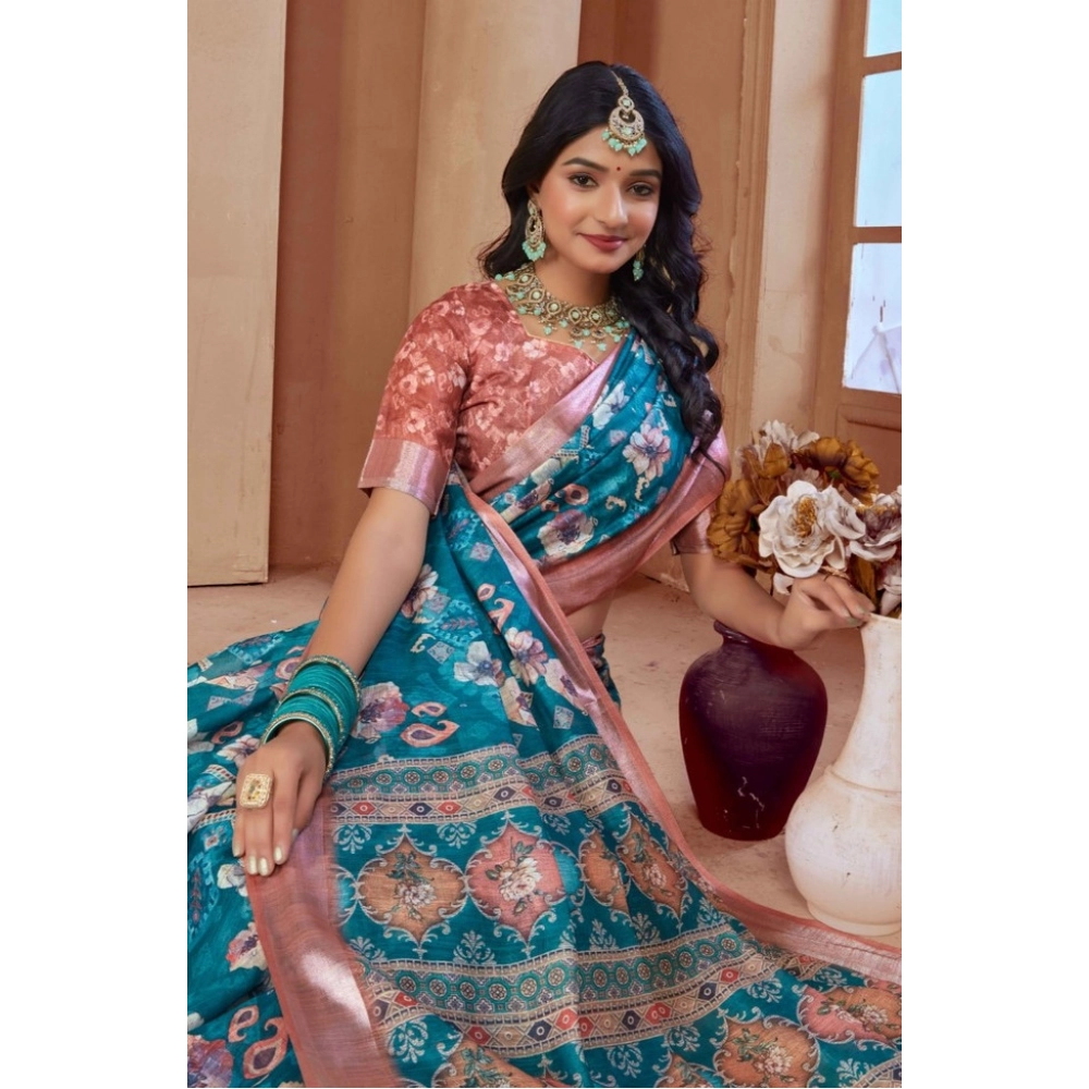 Women's Printed Cotton Linen Saree withPrinted Saree With Unstitched Blouse (Peacook Green, 5-6Mtrs) Women's Printed Cotton Linen Saree withPrinted Saree With Unstitched Blouse (Peacook Green, 5-6Mtrs)