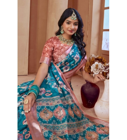 Women's Printed Cotton Linen Saree withPrinted  Saree With Unstitched Blouse (Peacook Green, 5-6Mtrs)