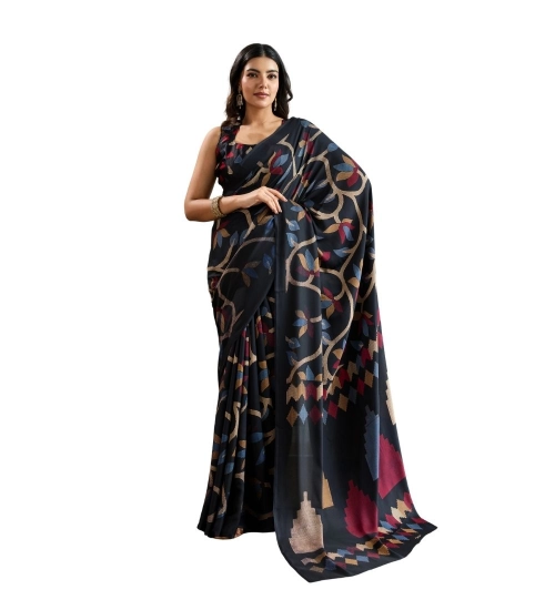 Women's Satin Crepe Printed Saree With Unstitched Blouse 5.5Mtr (Black)