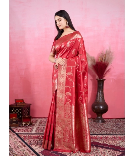 Women's Banarasi Silk Printed Saree With Unstitched Blouse 5.5Mtr (Red) Women's Banarasi Silk Printed Saree With Unstitched Blouse 5.5Mtr (Red)