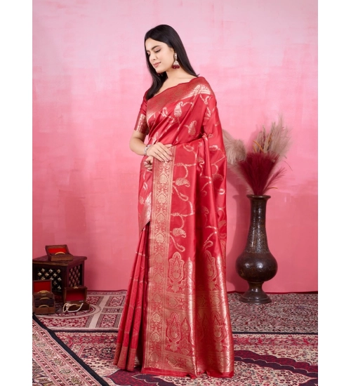 Women's Banarasi Silk Printed Saree With Unstitched Blouse 5.5Mtr (Red)