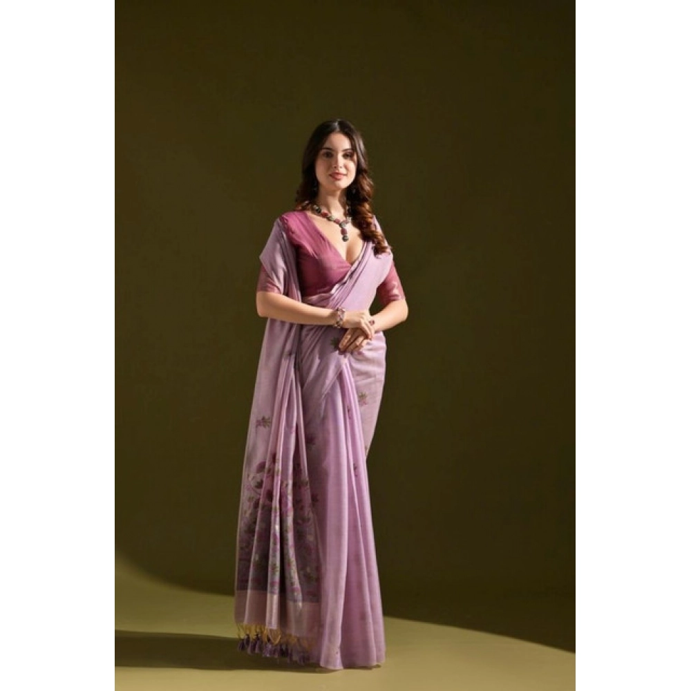 Women's Blended_Cotton Floral Saree With Unstitched Blouse 5.5Mtr (Lavender) Women's Blended_Cotton Floral Saree With Unstitched Blouse 5.5Mtr (Lavender)