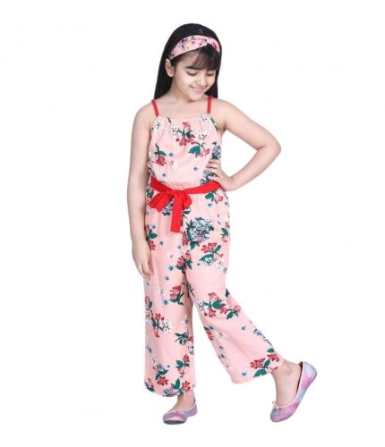 Girl's Polyester Crepe Floral Shoulder Straps Jumpsuit (Peach-Red)