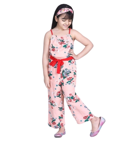 Girl's Polyester Crepe Floral Shoulder Straps Jumpsuit (Peach-Red)