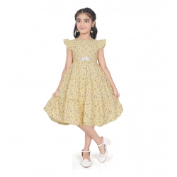 Girl's Twill Printed Short Sleeve Round Neck Dress (Yellow)