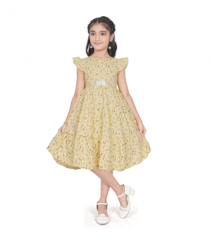 Girl's Twill Printed Short Sleeve Round Neck Dress (Yellow)