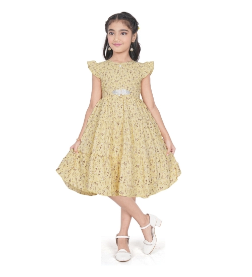Girl's Twill Printed Short Sleeve Round Neck Dress (Yellow)