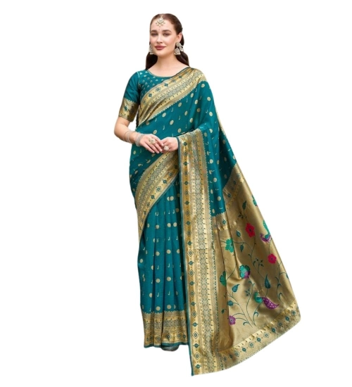 Women's Silk Blend Paithani Weaving Saree With Unstitched Blouse 5.5Mtr (Rama)