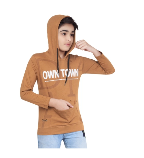 Boy's Cotton Printeded Hooded Neck Hoodies (Brown)