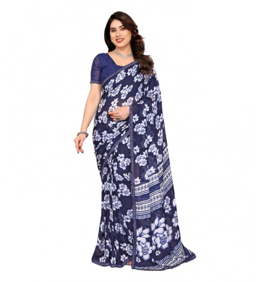Women's Georgette Printed Saree With Unstitched Blouse 5.5Mtr (Blue)